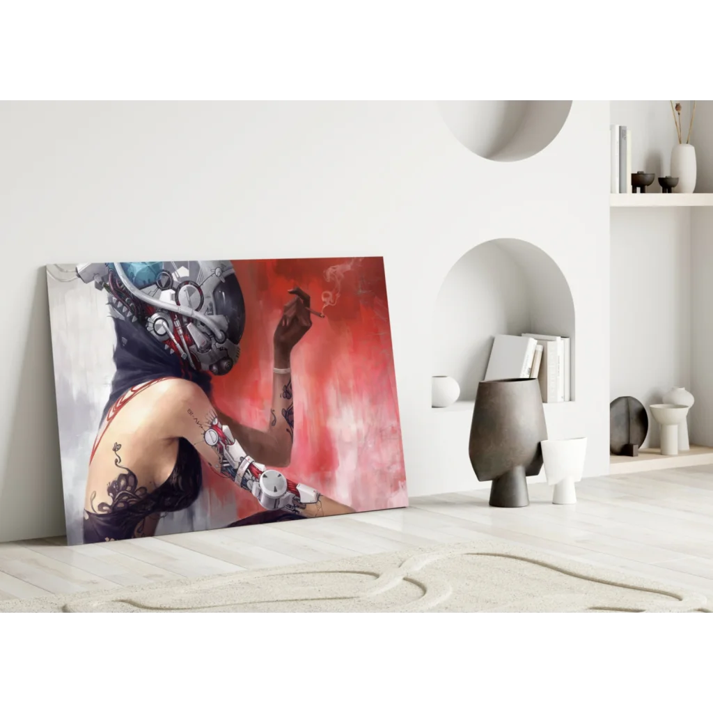 Cyberpunk rebel glass wall art: tattooed woman in helmet with cigarette on red vibes