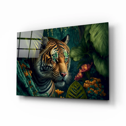 Jungle Tiger Glass Wall Art with Vibrant Green Eyes | Insigneart USA | vintageantiquesgifts.com