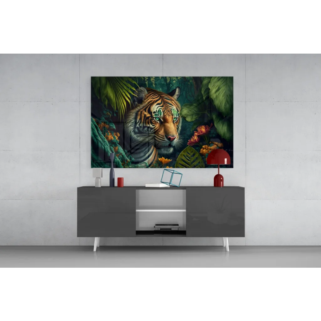 Vibrant jungle tiger glass wall art with striking green eyes