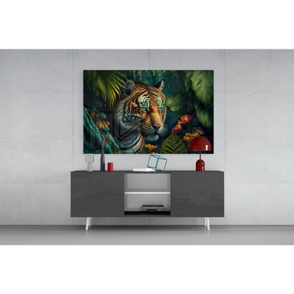 Vibrant jungle tiger glass wall art with striking green eyes