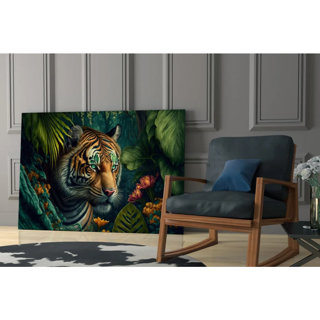 Vibrant Jungle Tiger Glass Wall Art with green eyes and lush foliage
