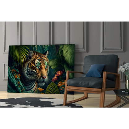 Vibrant Jungle Tiger Glass Wall Art with green eyes and lush foliage