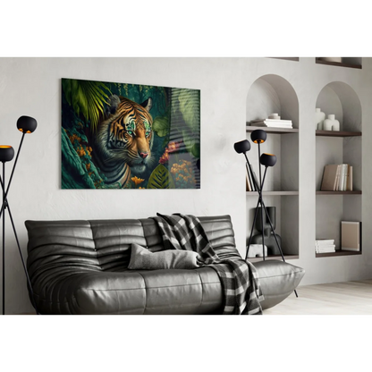 Jungle Tiger Glass Wall Art with Vibrant Green Eyes | Contemporary Home Wall Art | vintageantiquesgifts.com