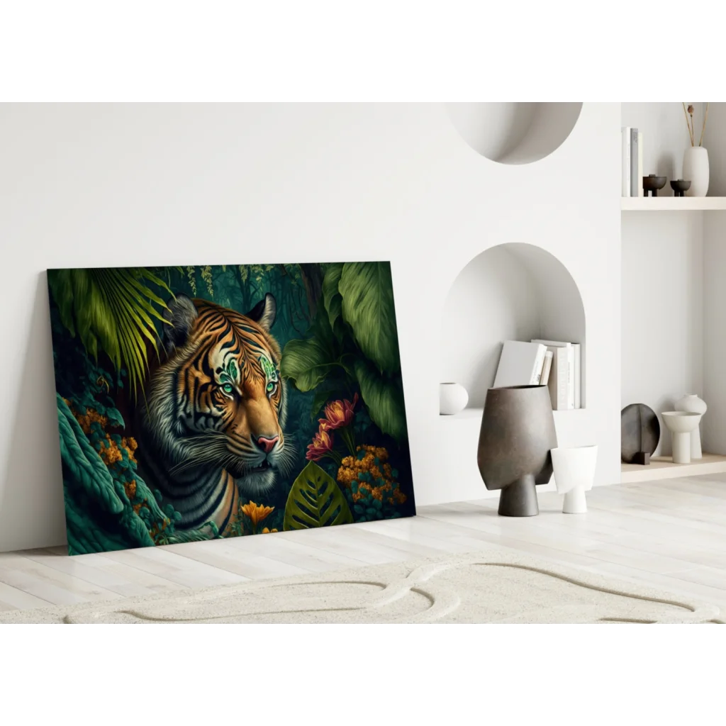 Jungle Tiger Glass Wall Art with Vibrant Green Eyes | Modern Wall Art Decor | vintageantiquesgifts.com