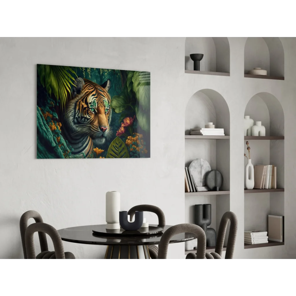 Vibrant tiger glass wall art with green eyes and orange stripes in jungle foliage