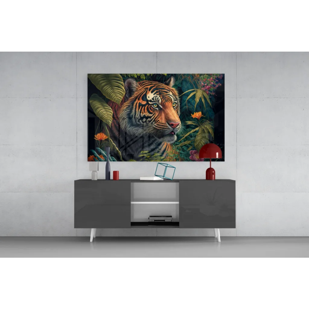 Fierce tiger glass wall art with vibrant orange black portrait and jungle vibes