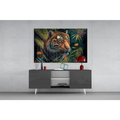 Fierce tiger glass wall art with vibrant orange black portrait and jungle vibes