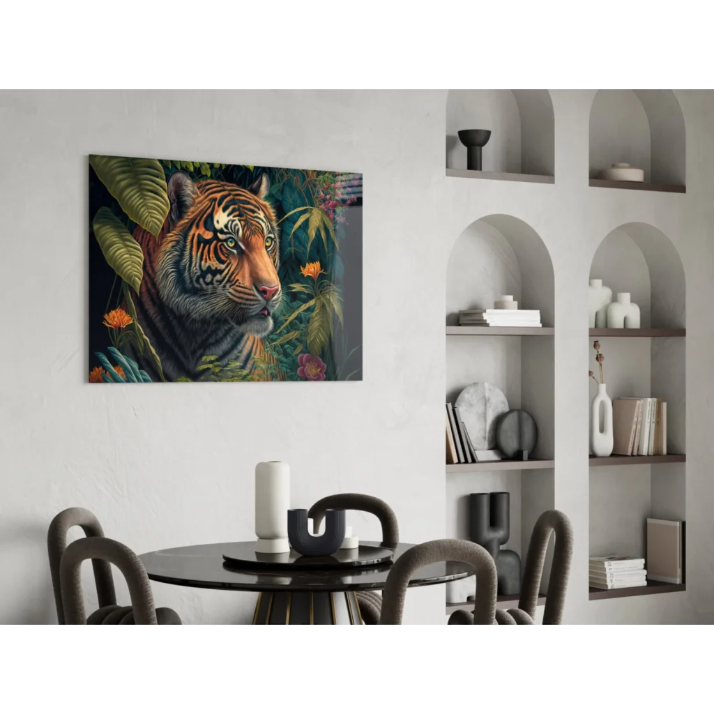 Vibrant tiger glass wall art with bold stripes and jungle vibes
