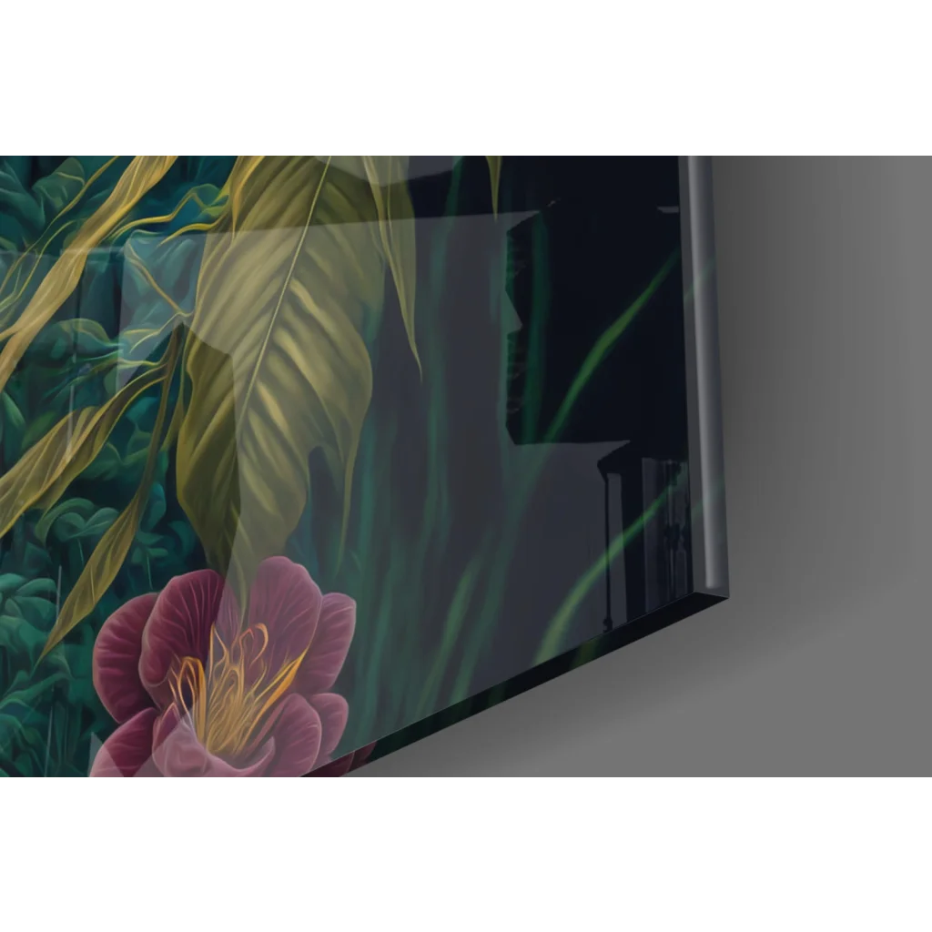 Sleek glass wall art with fierce tiger and tropical jungle vibes