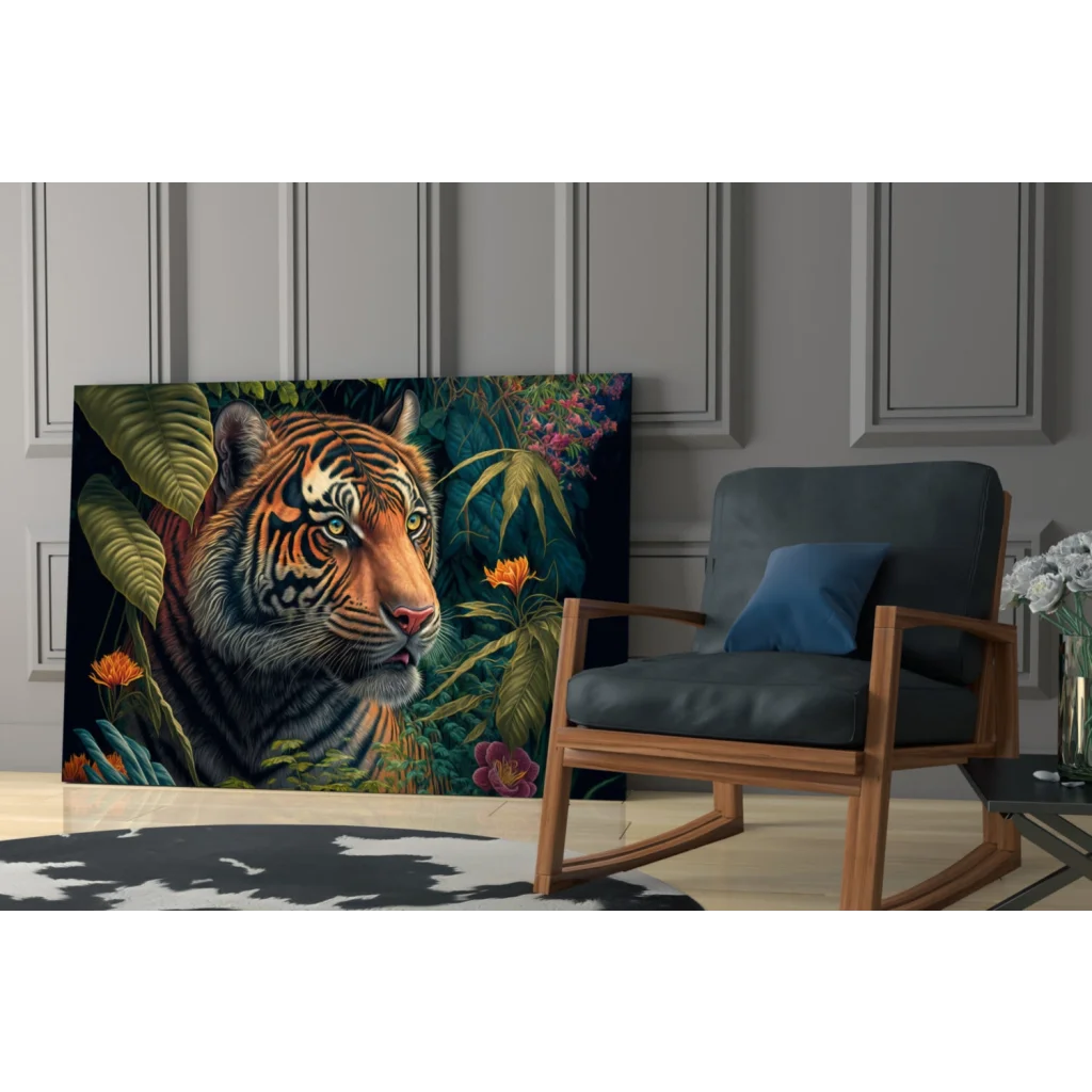 Fierce tiger glass wall art with vibrant jungle vibes and lush foliage