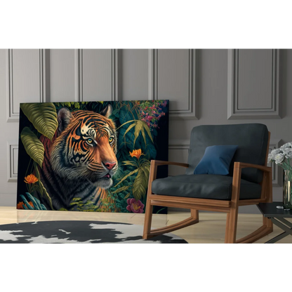 Fierce tiger glass wall art with vibrant jungle vibes and lush foliage