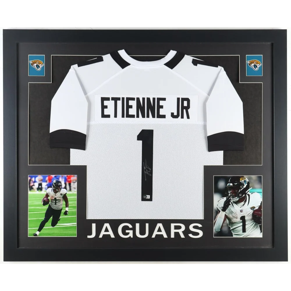 Travis Etienne signed custom framed jersey with player photos and Beckett auth