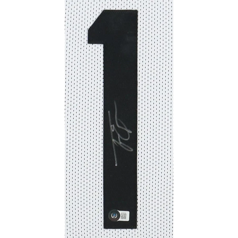 Travis Etienne signed custom framed jersey with hologram and black number 1 on white textured fabric