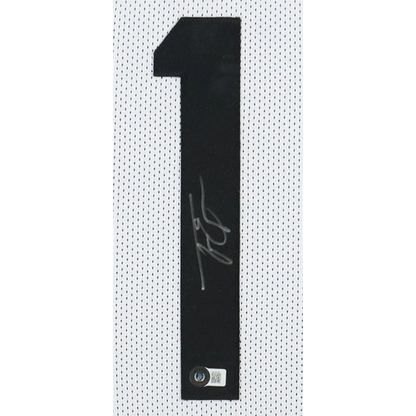 Travis Etienne signed custom framed jersey with hologram and black number 1 on white textured fabric