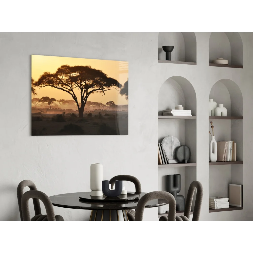 African sunset glass wall art with acacia tree silhouette