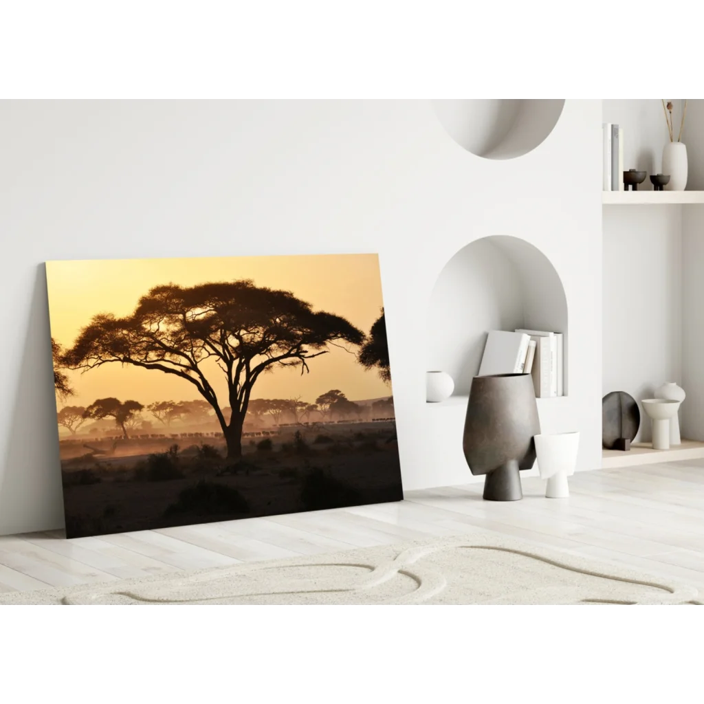 African sunset glass wall art with acacia tree silhouette