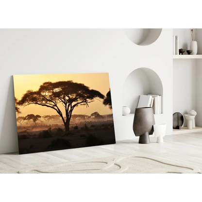 African sunset glass wall art with acacia tree silhouette