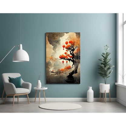 Stylized blossom tree glass wall art with red lanterns and gray clouds