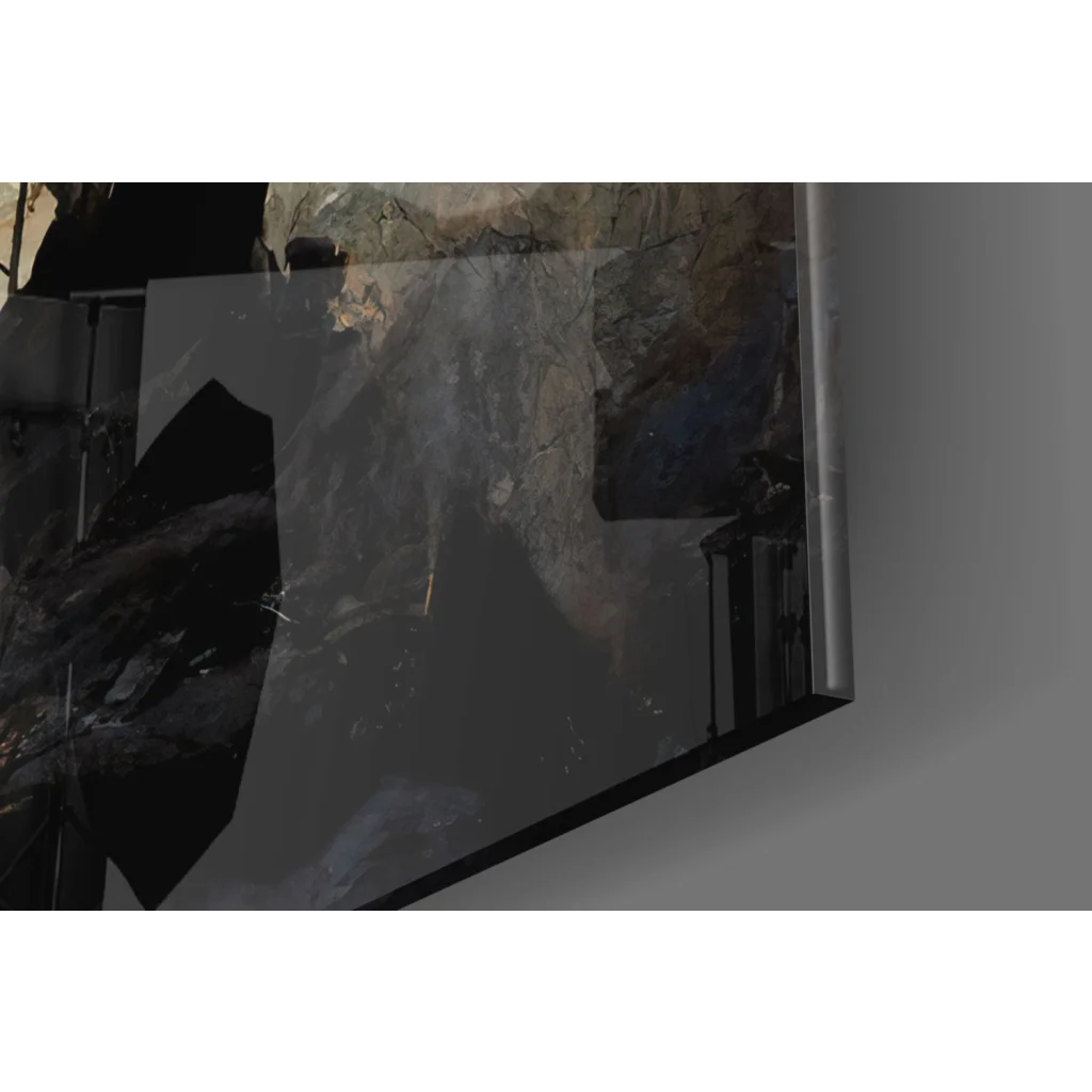 Sleek black-framed glass wall art of abstract blossom tree with red lanterns