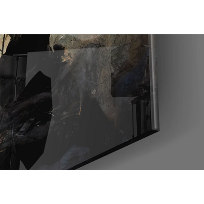 Sleek black-framed glass wall art of abstract blossom tree with red lanterns