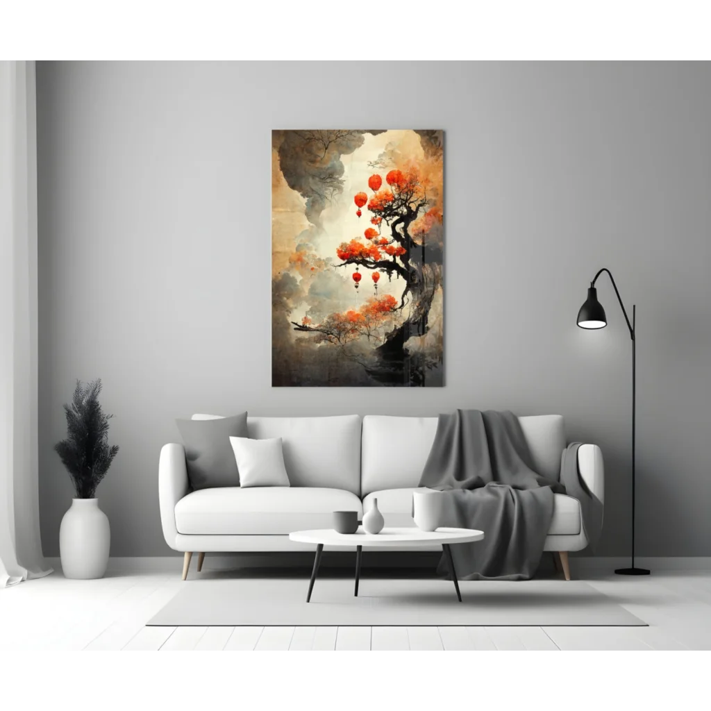 Stunning blossom tree glass wall art with vibrant orange flowers and red lanterns