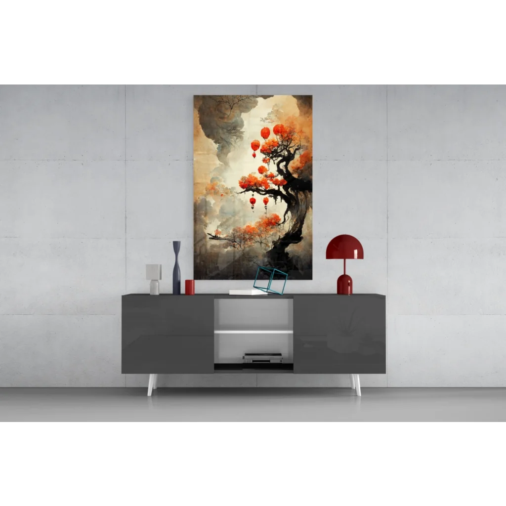 Stunning blossom tree glass wall art with red lanterns