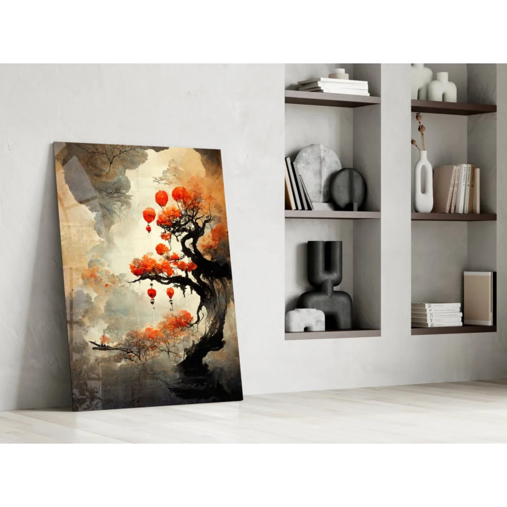 Stunning blossom tree glass wall art with orange flowers and red lanterns