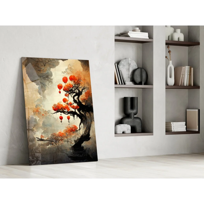 Stunning blossom tree glass wall art with orange flowers and red lanterns
