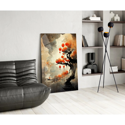 Stunning blossom tree glass wall art with red lanterns