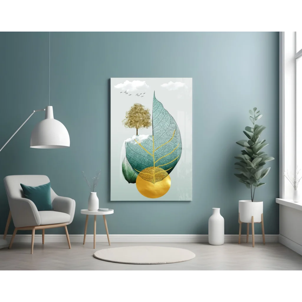 Teal Gold Tree Glass Wall Art with Shimmering Leaves | Contemporary Home Wall Art | vintageantiquesgifts.com