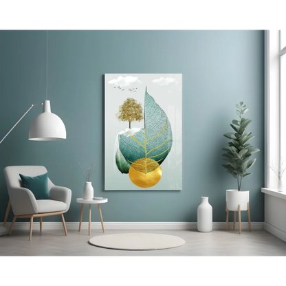 Teal Gold Tree Glass Wall Art with Shimmering Leaves | Contemporary Home Wall Art | vintageantiquesgifts.com