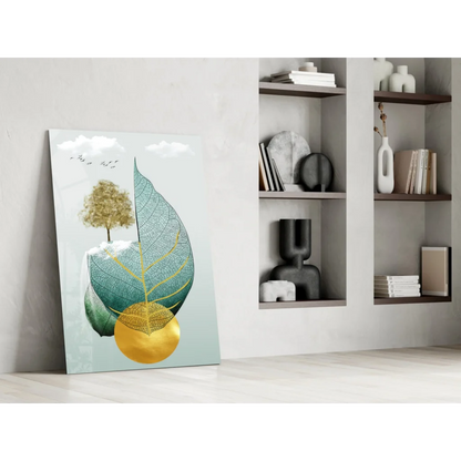 Teal gold tree glass wall art with shimmering leaves on canvas print