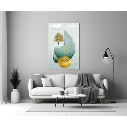 Teal Gold Tree Glass Wall Art with Shimmering Leaves | Modern Wall Art Decor | vintageantiquesgifts.com