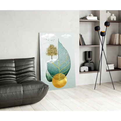 Stylized teal gold tree glass wall art with shimmering green leaves