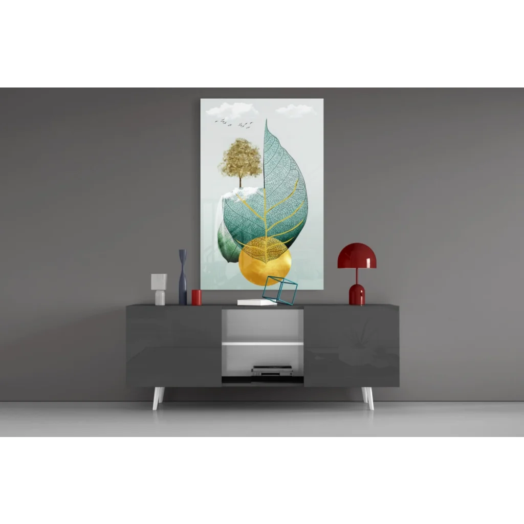 Teal gold tree glass wall art with shimmering green leaves motif