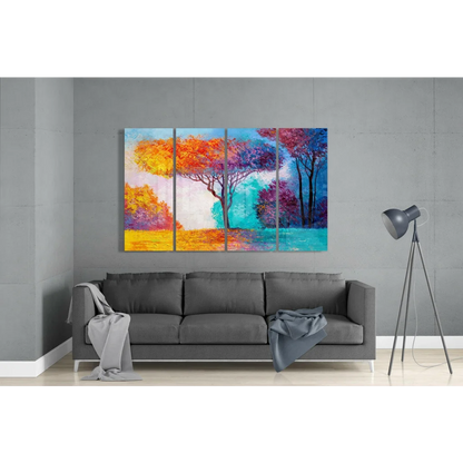 Vibrant fiery sunset forest glass wall art with orange purple teal hues