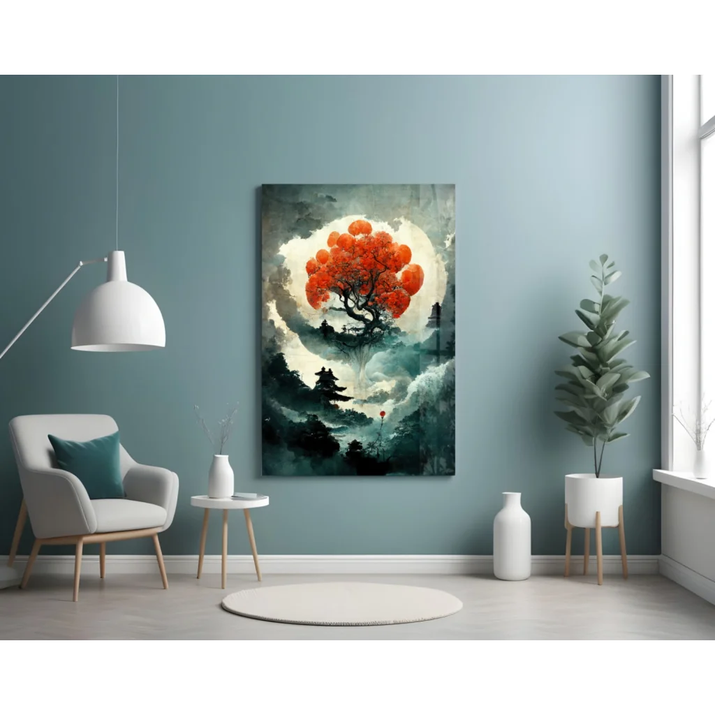 Fiery moonlit tree glass wall art canvas print with orange blossoms on teal backdrop