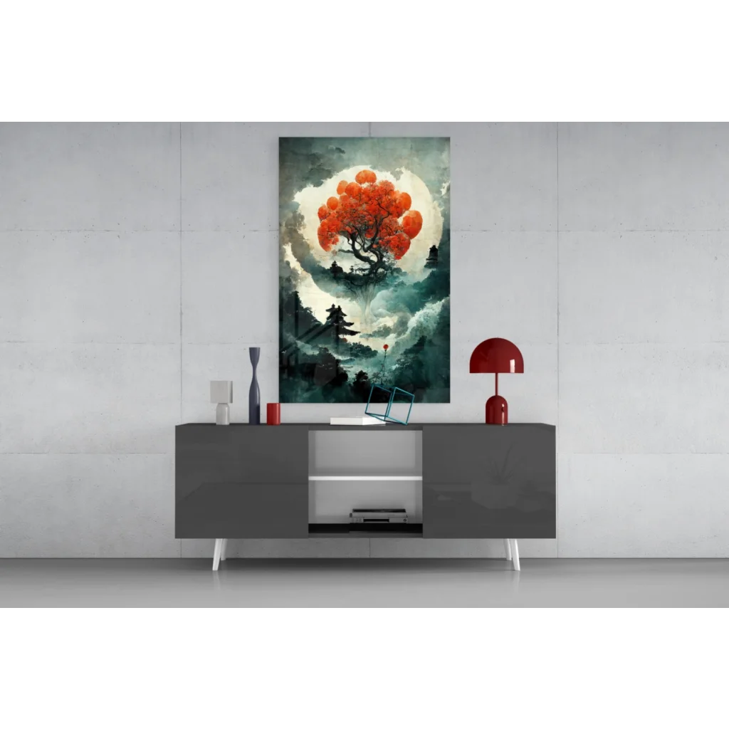 Fiery moonlit tree with orange balloons in glass wall art canvas print
