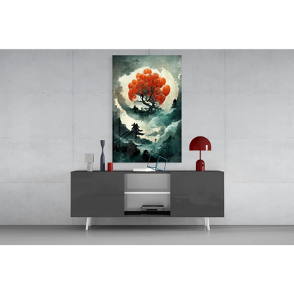 Fiery moonlit tree with orange balloons in glass wall art canvas print
