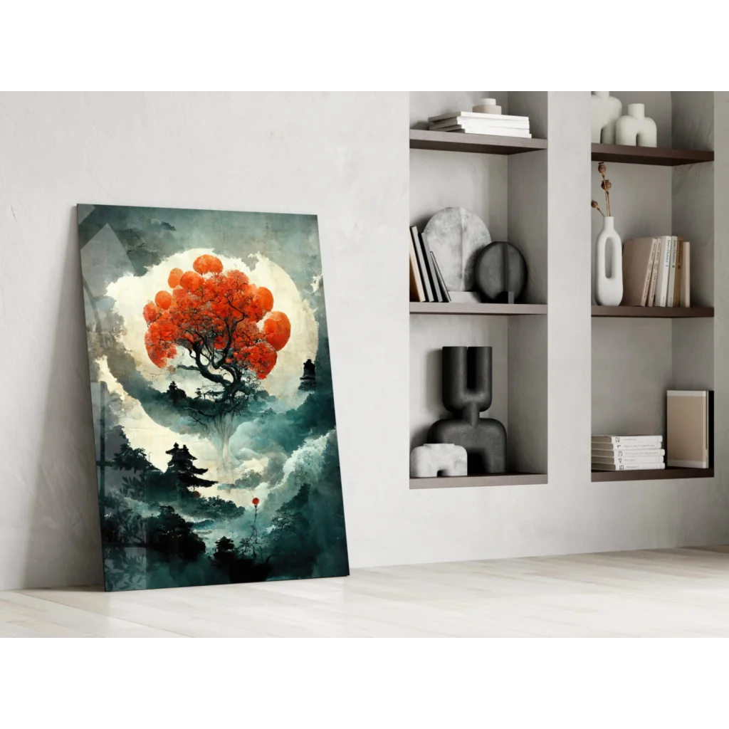 Fiery moonlit tree glass wall art canvas print with orange blossoms