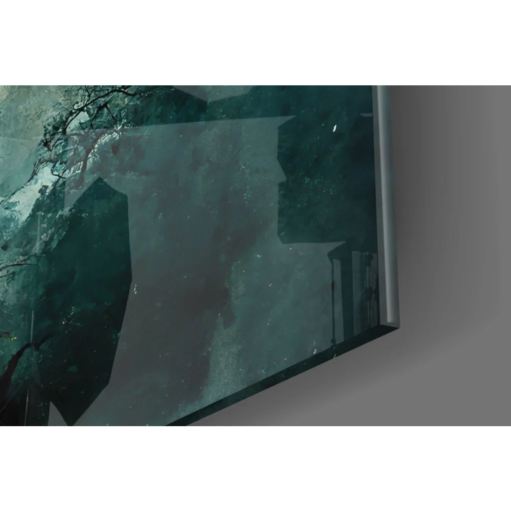 Fiery moonlit tree glass wall art in teal green abstract frame