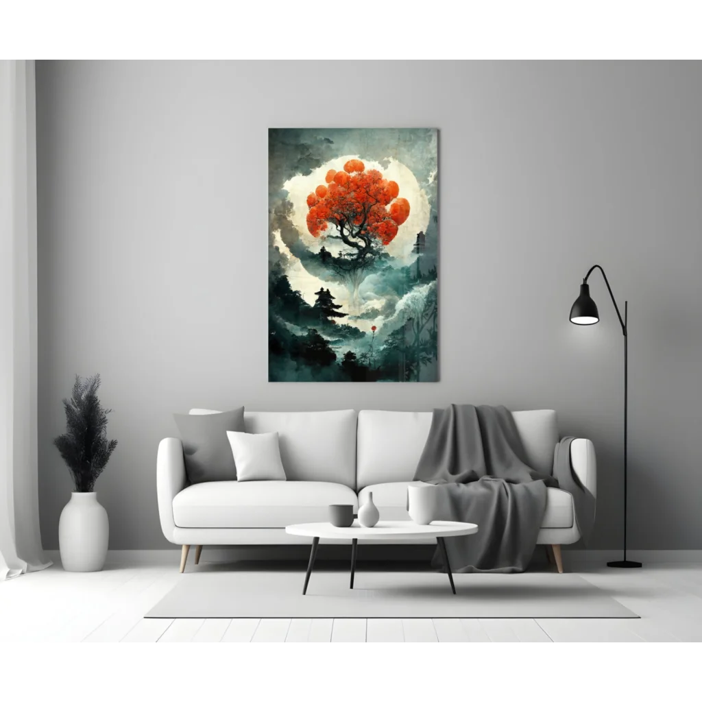 Vibrant fiery moonlit tree glass wall art canvas print with orange blossoms