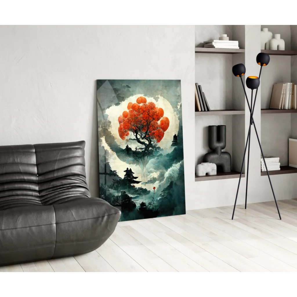 Vibrant fiery moonlit tree glass wall art canvas print with orange blossoms