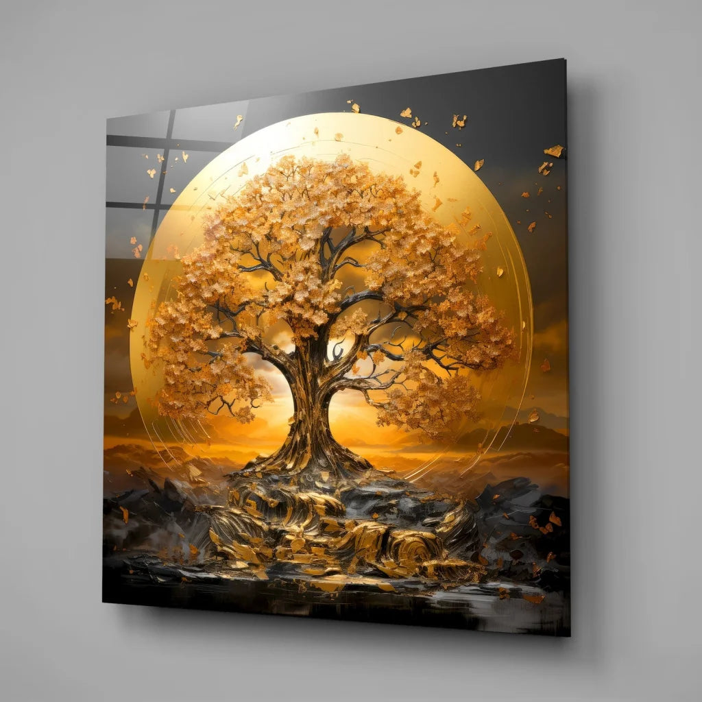 Stunning golden tree tempered glass art on gray wall