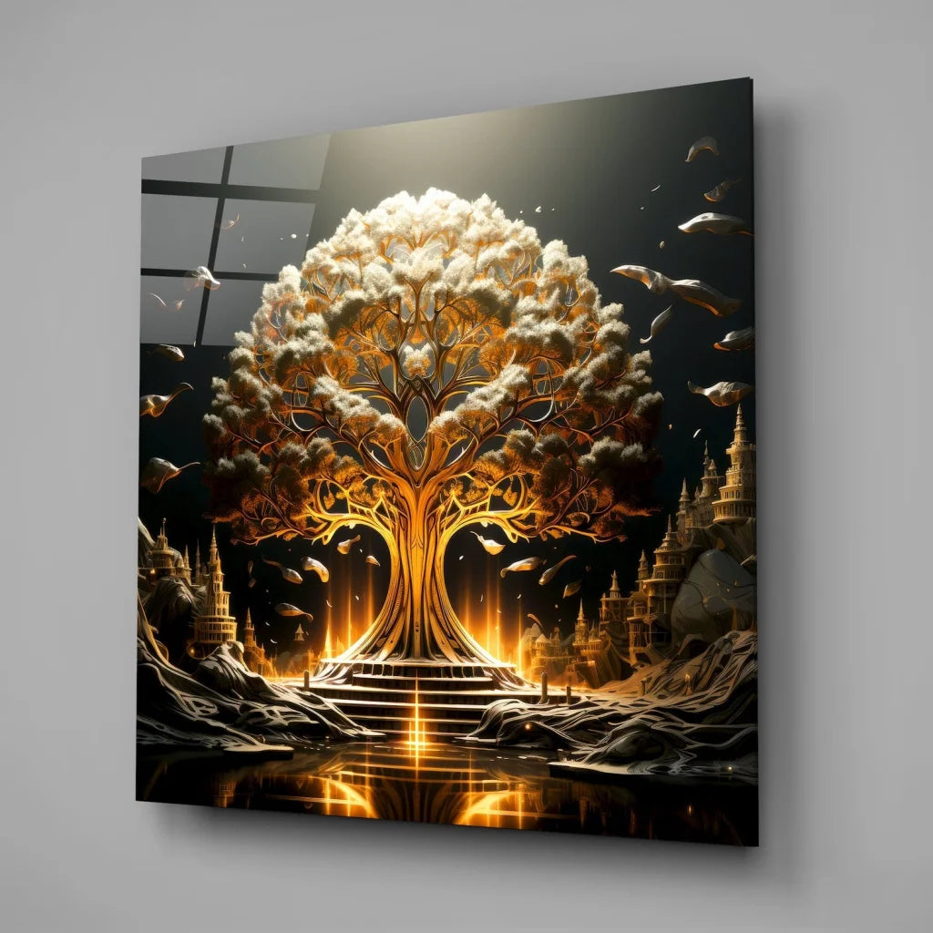 Magical Golden Tree Tempered Glass Art Print | Glass Wall Art Print | vintageantiquesgifts.com