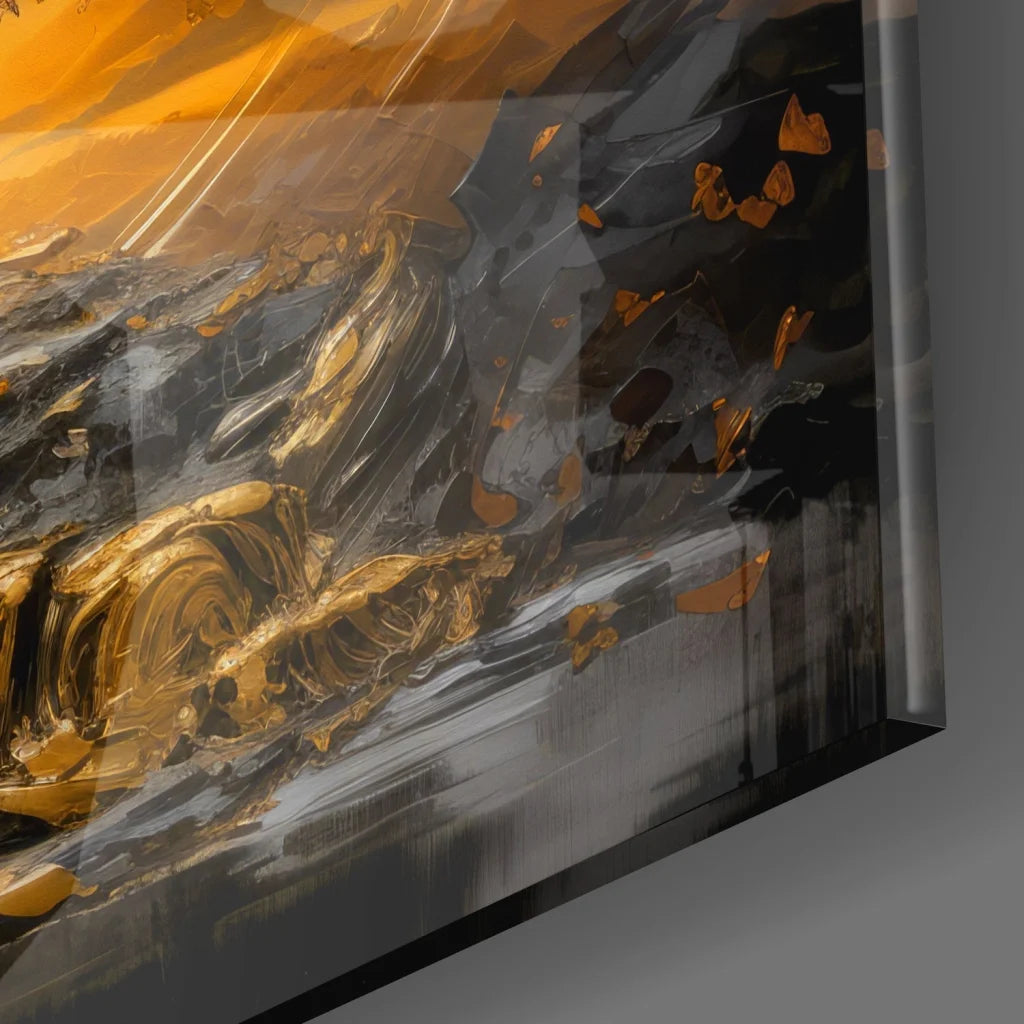 Stunning golden tree tempered glass art with bold gold, black, gray strokes