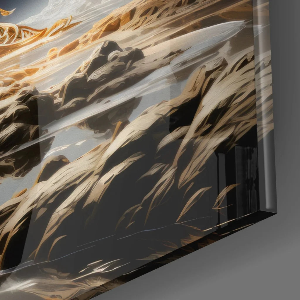 Stunning tempered glass art of golden desert tree landscape