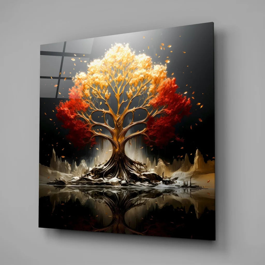 Stunning tempered glass art with golden tree and fiery foliage