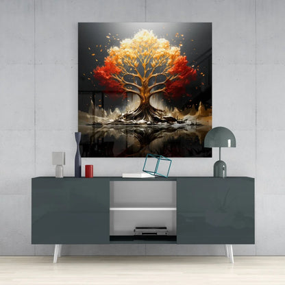 Stunning tempered glass art of vibrant autumn tree with fiery orange and red foliage on dark background, mounted above modern gray console table