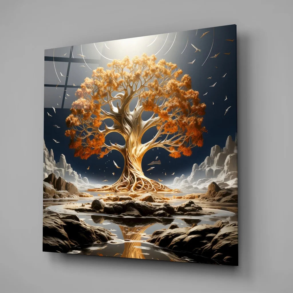 Stunning tempered glass art of golden desert tree on rocky terrain